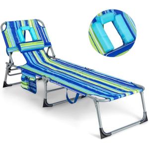 imageGoplus Tanning Chair Folding Beach Lounge Chair with Face ampampArm Hole 5Position AdjustableRemovable PillowSide Pocket Sunbathing Chair Portable Outdoor Lounge Chair for Patio Pool Lawn 1 BeigeStripe