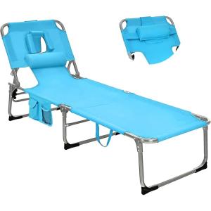 imageGoplus Tanning Chair Folding Beach Lounge Chair with Face ampampArm Hole 5Position AdjustableRemovable PillowSide Pocket Sunbathing Chair Portable Outdoor Lounge Chair for Patio Pool Lawn 1 BeigeSky Blue