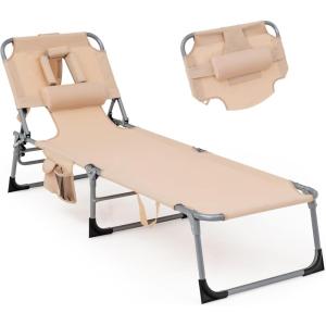 imageGoplus Tanning Chair Folding Beach Lounge Chair with Face ampampArm Hole 5Position AdjustableRemovable PillowSide Pocket Sunbathing Chair Portable Outdoor Lounge Chair for Patio Pool Lawn 1 BeigeBeige