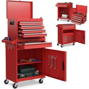imageGoplus Tool Chest 3in1 Rolling 6 Drawers Tool Cabinet with Detachable Top Toolbox Middle Tool Storage Universal Lockable Wheels Protective Liner Auto Lock Metal Tool Box for Garage WorkshopRed