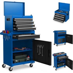 imageGoplus Tool Chest 3in1 Rolling 6 Drawers Tool Cabinet with Detachable Top Toolbox Middle Tool Storage Universal Lockable Wheels Protective Liner Auto Lock Metal Tool Box for Garage WorkshopBlue