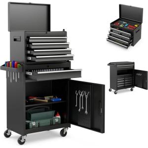 imageGoplus Tool Chest 3in1 Rolling 6 Drawers Tool Cabinet with Detachable Top Toolbox Middle Tool Storage Universal Lockable Wheels Protective Liner Auto Lock Metal Tool Box for Garage WorkshopBlack