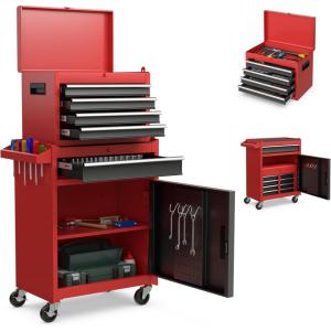 imageGoplus Tool Chest 3in1 Rolling 6 Drawers Tool Cabinet with Detachable Top Toolbox Middle Tool Storage Universal Lockable Wheels Protective Liner Auto Lock Metal Tool Box for Garage WorkshopRed  Black
