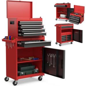 imageGoplus Tool Chest 5Drawer Rolling Tool Storage Cabinet with Detachable Top Tool Box Liner Universal Lockable Wheels Adjustable Shelf Locking Mechanism Metal Tool Cart for Garage WorkshopRed  Black