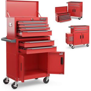 imageGoplus Tool Chest 6 Drawers Extra Large Rolling Too Storage Cabinet with 4 Universal Lockable Wheels Auto Lock Protective Liner 2in1 Heavy Duty Tool Box for Garage WorkshopRed
