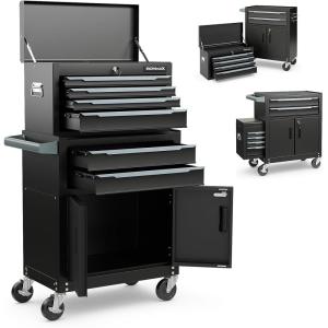 imageGoplus Tool Chest 6 Drawers Extra Large Rolling Too Storage Cabinet with 4 Universal Lockable Wheels Auto Lock Protective Liner 2in1 Heavy Duty Tool Box for Garage WorkshopBlack