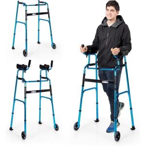 imageGoplus Walkers for Seniors Foldable Standard Walker with 5 Wheels and Removable Padded Armrests 440lbs Lightweight Walking Mobility Aid Folding Platform Walker for Elderly Handicap DisabledBlue  Black