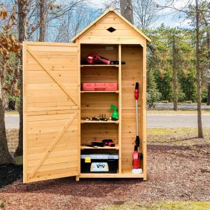 imageGoplus Wooden Storage Shed Outdoor Storage Cabinet with 4 Shelves and Pitched Galvanized Sheet Roof Lockable Garden Shed Outside Tool Shed for Patio Yard Lawn