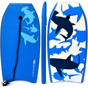 imageGoplus Boogie Boards for Beach 413733 Lightweight Body Board with EPS Core XPE Deck HDPE Slick Bottom Wrist Leash Bodyboard for Kids Adults SurfingBlue Shark