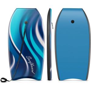 imageGoplus Boogie Boards for Beach 413733 Lightweight Body Board with EPS Core XPE Deck HDPE Slick Bottom Wrist Leash Bodyboard for Kids Adults SurfingBlue Wave