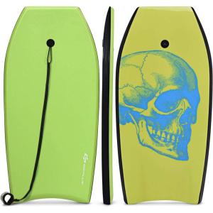 imageGoplus Boogie Boards for Beach 413733 Lightweight Body Board with EPS Core XPE Deck HDPE Slick Bottom Wrist Leash Bodyboard for Kids Adults SurfingGreen Skull