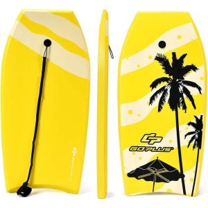 imageGoplus Boogie Boards for Beach 413733 Lightweight Body Board with EPS Core XPE Deck HDPE Slick Bottom Wrist Leash Bodyboard for Kids Adults SurfingYellow Coconut Palm