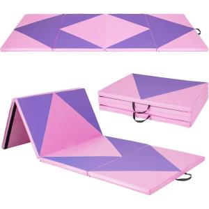 imageGoplus Folding Gymnastics Mat 10 x 4 x 2 Thick Tumbling Mats with PU Leather Hook ampamp Loop Fasteners Portable Handles 4Panel Exercise Mat for Home Gym Workouts YogaPurplePink