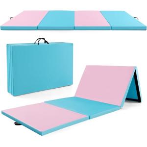 imageGoplus Folding Gymnastics Mat 10 x 4 x 2 Thick Tumbling Mats with PU Leather Hook ampamp Loop Fasteners Portable Handles 4Panel Exercise Mat for Home Gym Workouts YogaPinkBlue