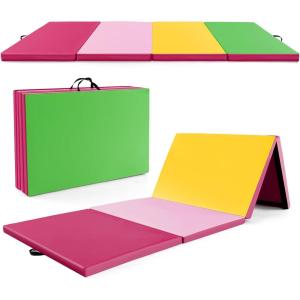 imageGoplus Folding Gymnastics Mat 10 x 4 x 2 Thick Tumbling Mats with PU Leather Hook ampamp Loop Fasteners Portable Handles 4Panel Exercise Mat for Home Gym Workouts YogaRosePinkYellowGreen