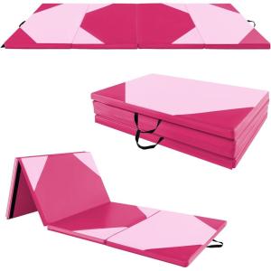 imageGoplus Folding Gymnastics Mat 10 x 4 x 2 Thick Tumbling Mats with PU Leather Hook ampamp Loop Fasteners Portable Handles 4Panel Exercise Mat for Home Gym Workouts YogaPinkRose