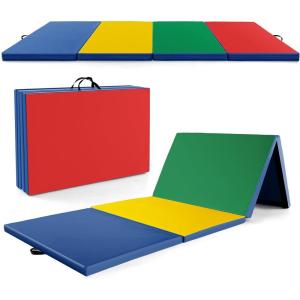 imageGoplus Folding Gymnastics Mat 10 x 4 x 2 Thick Tumbling Mats with PU Leather Hook ampamp Loop Fasteners Portable Handles 4Panel Exercise Mat for Home Gym Workouts YogaNavyYellowGreenRed