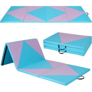imageGoplus Folding Gymnastics Mat 10 x 4 x 2 Thick Tumbling Mats with PU Leather Hook ampamp Loop Fasteners Portable Handles 4Panel Exercise Mat for Home Gym Workouts YogaBaby BluePink