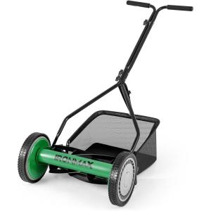 imageGoplus Manual Lawn Mower 16 Inch 5Blade WalkBehind Cordless Grass Cutter with 7 Gallon Removable Grass Collect Bag Adjustable Cutting Heights Push Reel Lawn Mower for Yard GardenGreen
