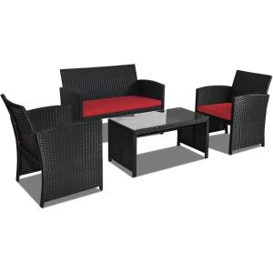 imageGoplus Rattan Patio Furniture Set 4 Pieces Outdoor Wicker Conversation Sofa and Table Set with Soft Cushions ampamp Tempered Glass Coffee Table for Balcony Garden Backyard TurquoiseRed