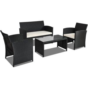 imageGoplus Rattan Patio Furniture Set 4 Pieces Outdoor Wicker Conversation Sofa and Table Set with Soft Cushions ampamp Tempered Glass Coffee Table for Balcony Garden Backyard TurquoiseWhiteblack Wicker