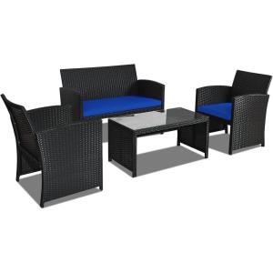 imageGoplus Rattan Patio Furniture Set 4 Pieces Outdoor Wicker Conversation Sofa and Table Set with Soft Cushions ampamp Tempered Glass Coffee Table for Balcony Garden Backyard TurquoiseBlue