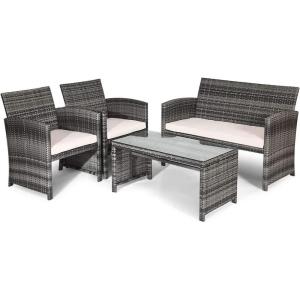 imageGoplus Rattan Patio Furniture Set 4 Pieces Outdoor Wicker Conversation Sofa and Table Set with Soft Cushions ampamp Tempered Glass Coffee Table for Balcony Garden Backyard TurquoiseBeigemixed Color Wicker