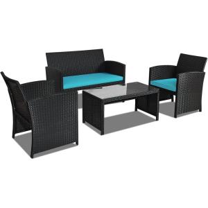 imageGoplus Rattan Patio Furniture Set 4 Pieces Outdoor Wicker Conversation Sofa and Table Set with Soft Cushions ampamp Tempered Glass Coffee Table for Balcony Garden Backyard TurquoiseTurquoise