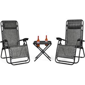 imageGoplus Zero Gravity Chair Set 3 Pieces Outdoor Lounge Chair Recliners wSide Table Headrest and Cup Holders Adjustable Folding Recliners and Table for Patio Yard Pool Beach BeigeGrey