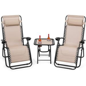 imageGoplus Zero Gravity Chair Set 3 Pieces Outdoor Lounge Chair Recliners wSide Table Headrest and Cup Holders Adjustable Folding Recliners and Table for Patio Yard Pool Beach BeigeBeige