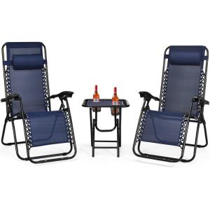 imageGoplus Zero Gravity Chair Set 3 Pieces Outdoor Lounge Chair Recliners wSide Table Headrest and Cup Holders Adjustable Folding Recliners and Table for Patio Yard Pool Beach BeigeNavy
