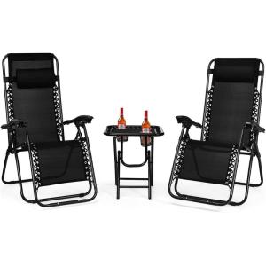 imageGoplus Zero Gravity Chair Set 3 Pieces Outdoor Lounge Chair Recliners wSide Table Headrest and Cup Holders Adjustable Folding Recliners and Table for Patio Yard Pool Beach BeigeBlack