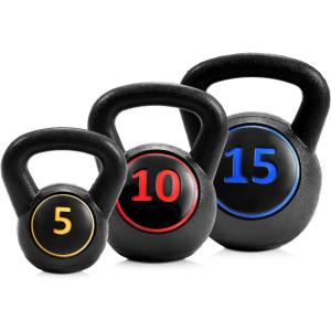 imageGoplus 3 Pieces Kettlebell Set 5 10 15 lbs HDPE Coated Concrete Fitness Kettle Bells wEasy Grip Wide Handle Home Gym Exercise Weights HIIT Workout Weightlifting Strength Training Conditioning