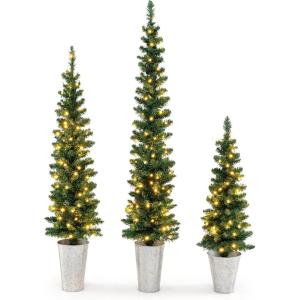 imageGoplus 3 4 5 PreLit Artificial Christmas Tree Set of 3 Slim Pencil Potted Xmas Tree with 423 Branch Tips 230 Warm White LED Lights 8 Modes Battery Operated Metal Bucket Office Home Decor