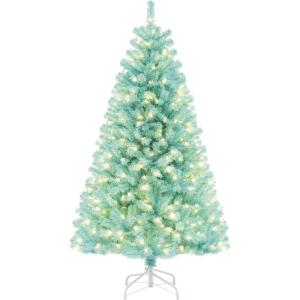 imageGoplus 6 FT Blue PreLit Christmas Tree Artificial Hinged Xmas Full Tree with 280 Warm White LED Lights 758 Lush Branch Tips Foldable Metal Stand for Seasonal Home Office DecorationBlue