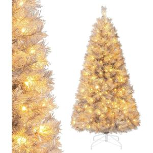imageGoplus 6 FT Blue PreLit Christmas Tree Artificial Hinged Xmas Full Tree with 280 Warm White LED Lights 758 Lush Branch Tips Foldable Metal Stand for Seasonal Home Office DecorationSilver