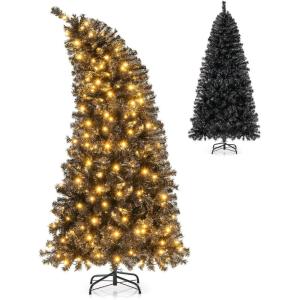 imageGoplus 7 FT PreLit Black Christmas Tree Artificial Halloween Tree with Bendable Top Section 1050 Branch Tips 340 Warm White LED Lights Metal Stand Hinged Xmas Tree for Office Home Decoration6ft