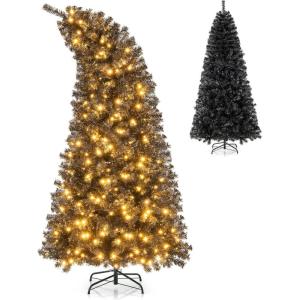 imageGoplus 7 FT PreLit Black Christmas Tree Artificial Halloween Tree with Bendable Top Section 1050 Branch Tips 340 Warm White LED Lights Metal Stand Hinged Xmas Tree for Office Home Decoration7FT