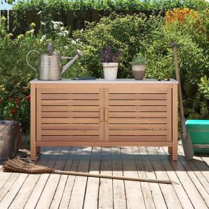 imageGoplus Patio Storage Cabinet 2Door Acacia Wood Storage Container with Faux Marble Top Outdoor Wooden Sideboard for Deck Garden Lawn and Backyard