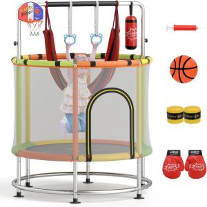 imageGoplus 55quot Toddler Trampoline 6in1 Mini Trampoline for Kids Up to 440LBS wHammock Basketball Hoop Adjustable Gymnastics Bar Rings Punching Bag Safety Net Gift for Boys Girls Age 3GreenOrangeYellow