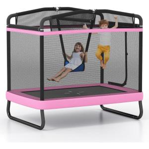 imageGoplus 6 x 4 FT Rectangle Trampoline for Kids Indoor Outdoor Toddler Trampoline with Swing Gymnastics Bar ampamp Safety Enclosure Net ASTM Approved Gift for Children Boys GirlsPink