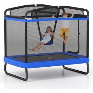 imageGoplus 6 x 4 FT Rectangle Trampoline for Kids Indoor Outdoor Toddler Trampoline with Swing Gymnastics Bar ampamp Safety Enclosure Net ASTM Approved Gift for Children Boys GirlsBlue