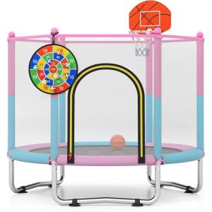 imageGoplus 60quot Trampoline for Kids Recreational Toddler Trampoline with Basketball Hoop Dart Board Safe Enclosure Net Indoor ampamp Outdoor Activity Center for 36 Years Old Kids Gift for Boys Girls