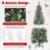 imageGoplus 6 FT PreLit Artificial Christmas Tree Hinged Xmas Tree with 270 Warm White LED Lights 8 Modes 806 Branch Tips Pine Cones Berries Metal Stand Home Office Holiday DecorationPencil Tree5ft