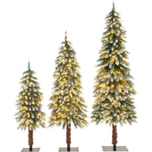 imageGoplus 3 4 5 PreLit Snow Flocked Christmas Tree Set of 3 Slim Pencil Artificial Xmas Trees with 150 Warm White LED Lights 146 Branch Tips Metal Base for Holiday Seasonal Office Home DecorStyleF