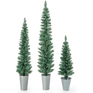 imageGoplus 3 4 5 PreLit Snow Flocked Christmas Tree Set of 3 Slim Pencil Artificial Xmas Trees with 150 Warm White LED Lights 146 Branch Tips Metal Base for Holiday Seasonal Office Home DecorStyleB