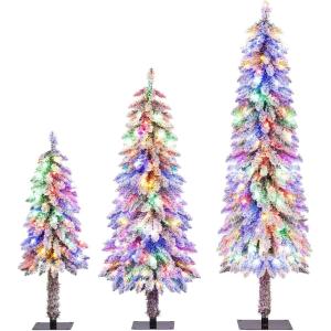 imageGoplus 3 4 5 PreLit Snow Flocked Christmas Tree Set of 3 Slim Pencil Artificial Xmas Trees with 150 Warm White LED Lights 146 Branch Tips Metal Base for Holiday Seasonal Office Home DecorStyleH