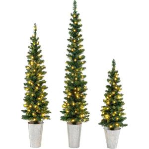 imageGoplus 3 4 5 PreLit Snow Flocked Christmas Tree Set of 3 Slim Pencil Artificial Xmas Trees with 150 Warm White LED Lights 146 Branch Tips Metal Base for Holiday Seasonal Office Home DecorStyleA
