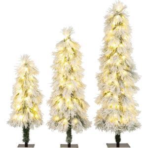 imageGoplus 3 4 5 PreLit Snow Flocked Christmas Tree Set of 3 Slim Pencil Artificial Xmas Trees with 150 Warm White LED Lights 146 Branch Tips Metal Base for Holiday Seasonal Office Home DecorStyleI