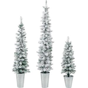imageGoplus 3 4 5 PreLit Snow Flocked Christmas Tree Set of 3 Slim Pencil Artificial Xmas Trees with 150 Warm White LED Lights 146 Branch Tips Metal Base for Holiday Seasonal Office Home DecorStyleC
